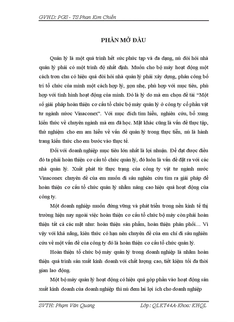 Một số giải pháp hoàn thiện cơ cấu tổ chức quản lý ở công ty cổ phần vật tư ngành nước Vinaconex