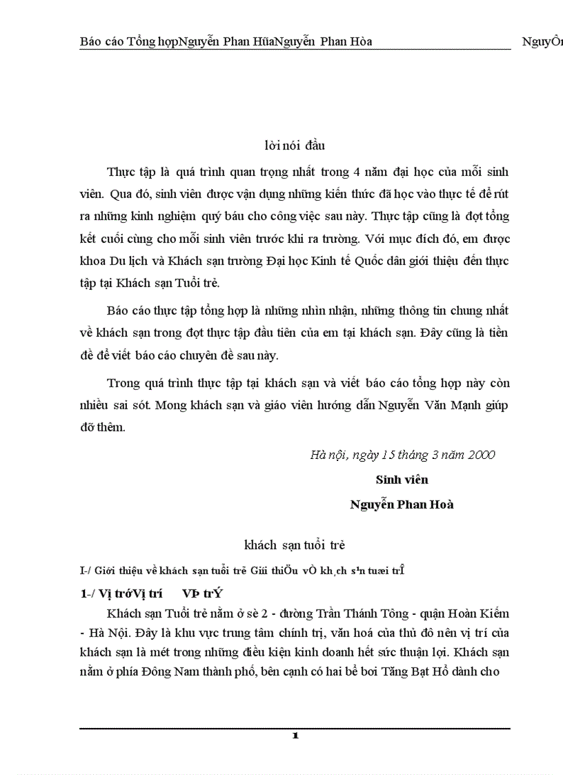 image for page Báo cáo tổng hợp Khách sạn Tuổi trẻ nằm ở số 2 - đường Trần Thánh Tông - quận Hoàn Kiếm - Hà Nội