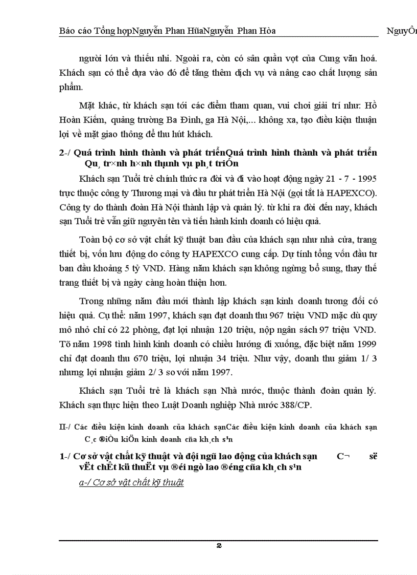 image for page Báo cáo tổng hợp Khách sạn Tuổi trẻ nằm ở số 2 - đường Trần Thánh Tông - quận Hoàn Kiếm - Hà Nội