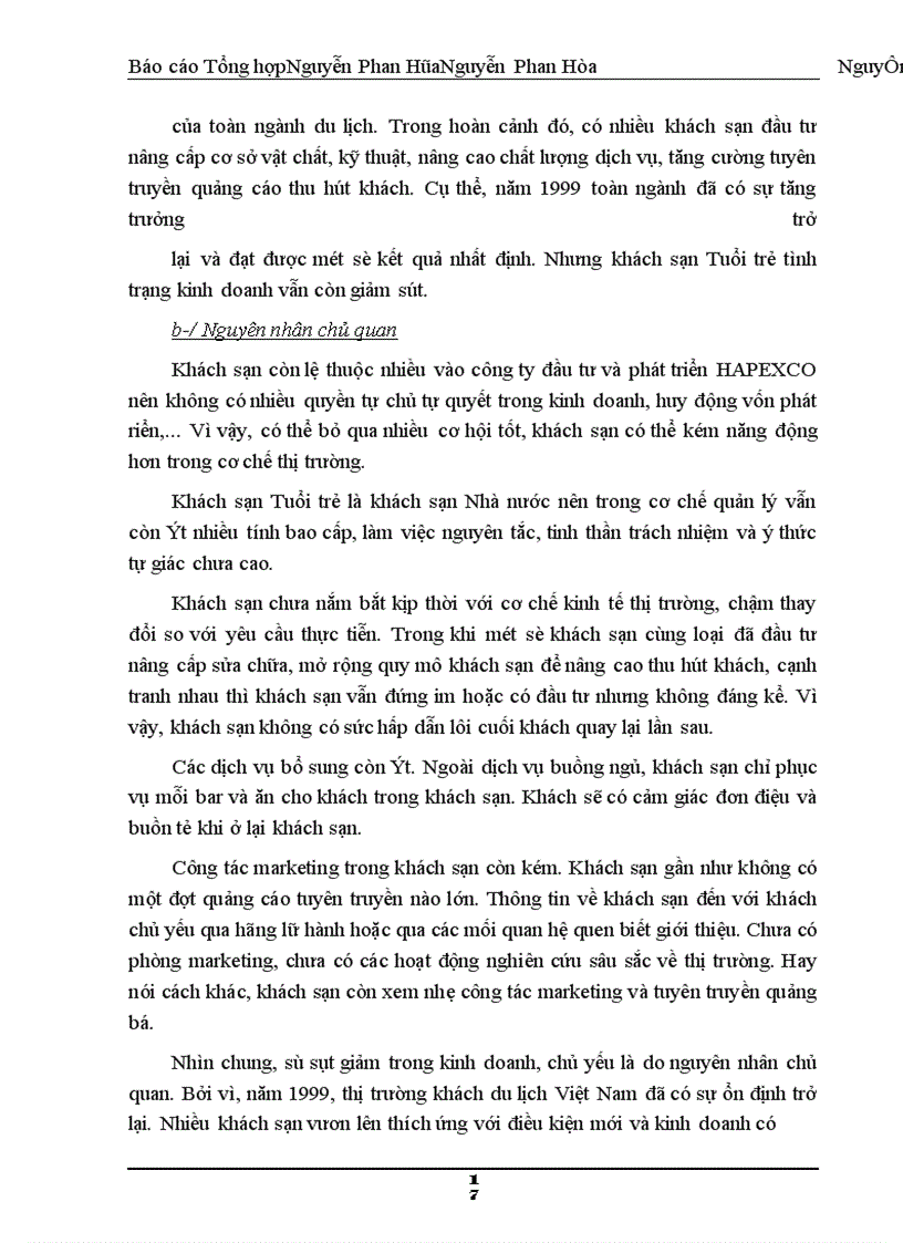 image for page Báo cáo tổng hợp Khách sạn Tuổi trẻ nằm ở số 2 - đường Trần Thánh Tông - quận Hoàn Kiếm - Hà Nội