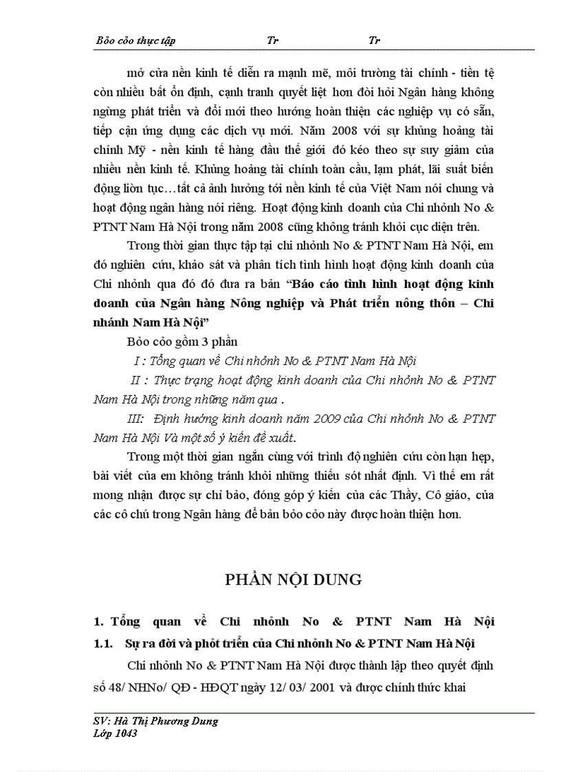 Báo cáo tình hình hoạt động kinh doanh của Ngân hàng Nông nghiệp và Phát triển nông thôn – Chi nhánh Nam Hà Nội