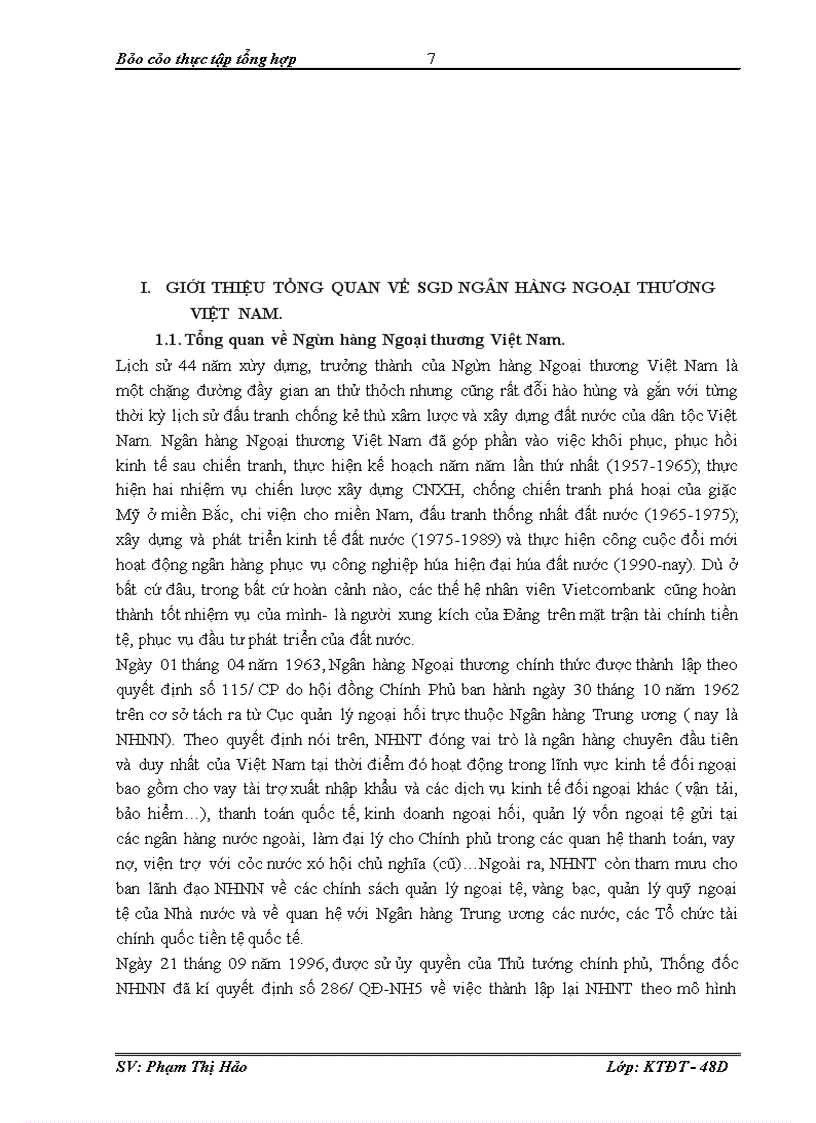 Báo cáo thực tập tổng hợp tại SGD Ngân Hàng Ngoại Thương VIỆT NAM.