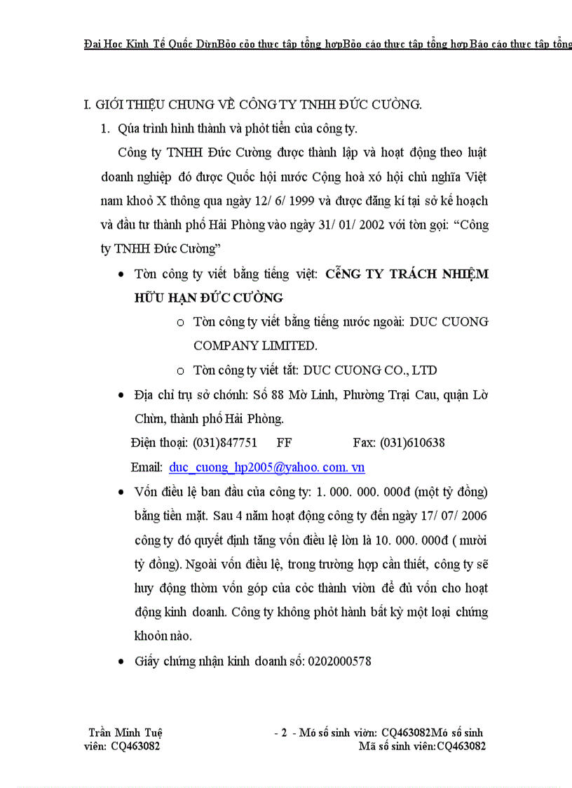 Báo cáo thực tập tổng hợp về công ty TNHH ĐỨC CƯỜNG.
