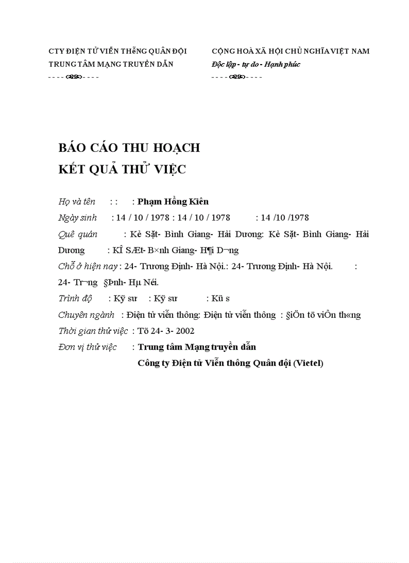 image for page Báo cáo thu hoạch kết quả thử việc tại Công ty Điện tử Viễn thông Quân đội