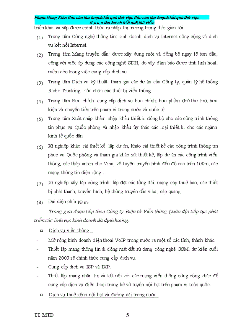 image for page Báo cáo thu hoạch kết quả thử việc tại Công ty Điện tử Viễn thông Quân đội