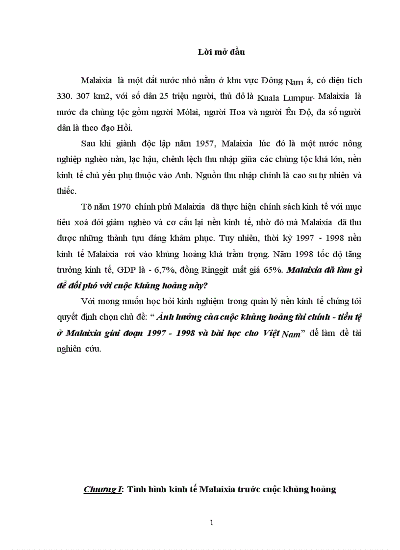 Ảnh hưởng của cuộc khủng hoảng tài chính - tiền tệ ở Malaixia giai đoạn 1997 - 1998 và bài học cho Việt Nam”
