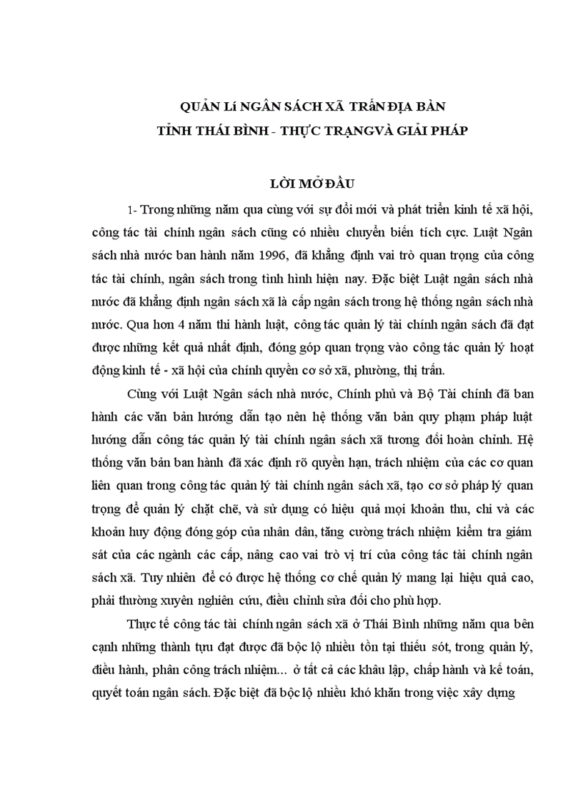 Quản lý ngân sách xã trên địa bàn tỉnh Thái Bình - Thực trạngvà giải pháp