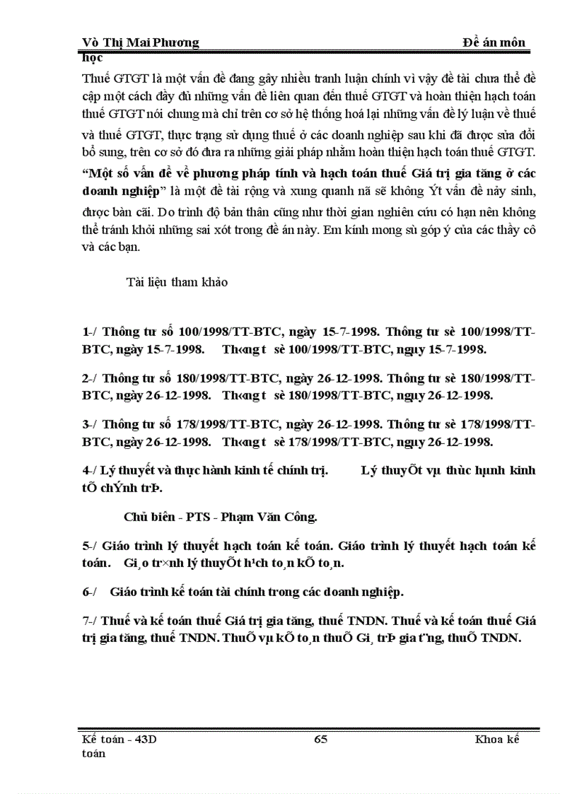 image for page Đề án môn học một số ý kiến hoàn thiện về phương pháp tính và hạch toán thuế gtgt trong các doanh nghiệp