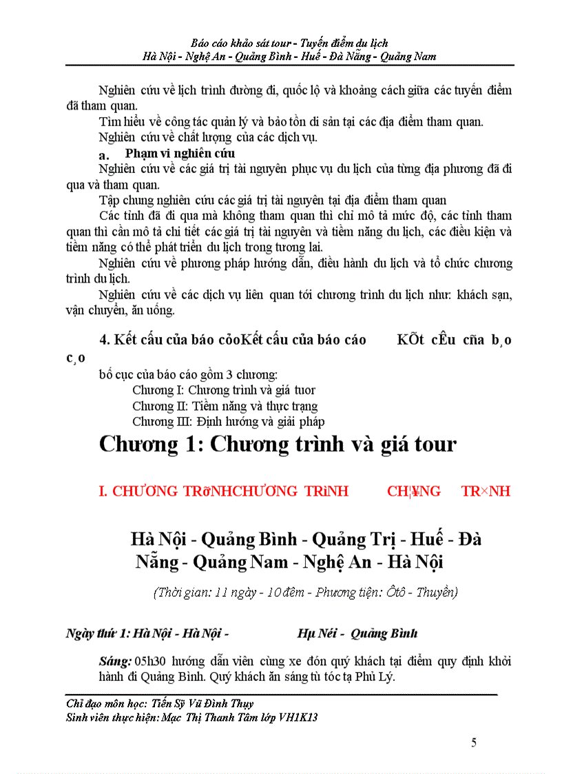 Báo cáo khảo sát tour - Tuyến điểm du lịch Hà Nội - Nghệ An - Quảng Bình - Huế - Đà Nẵng - Quảng Nam