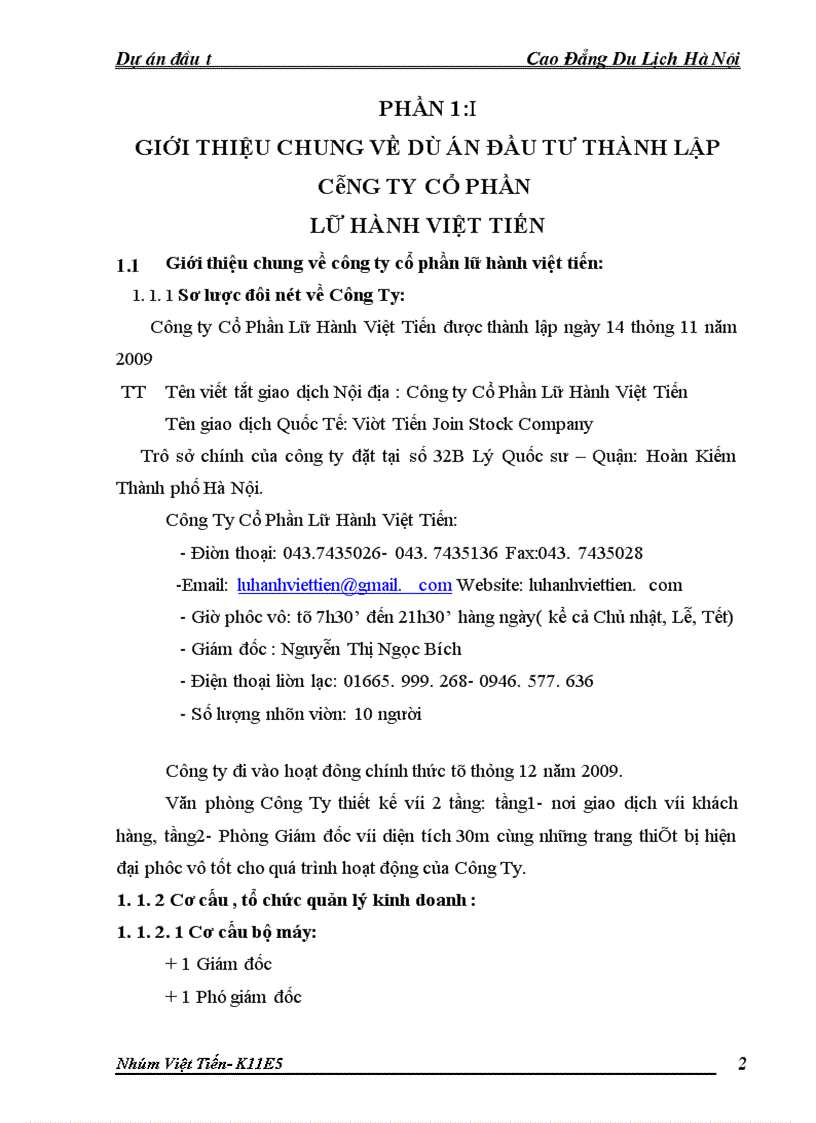 image for page Giới thiệu chung về dự án đầu tư thành lập Công Ty Cổ Phần Lữ Hành Việt Tiến.