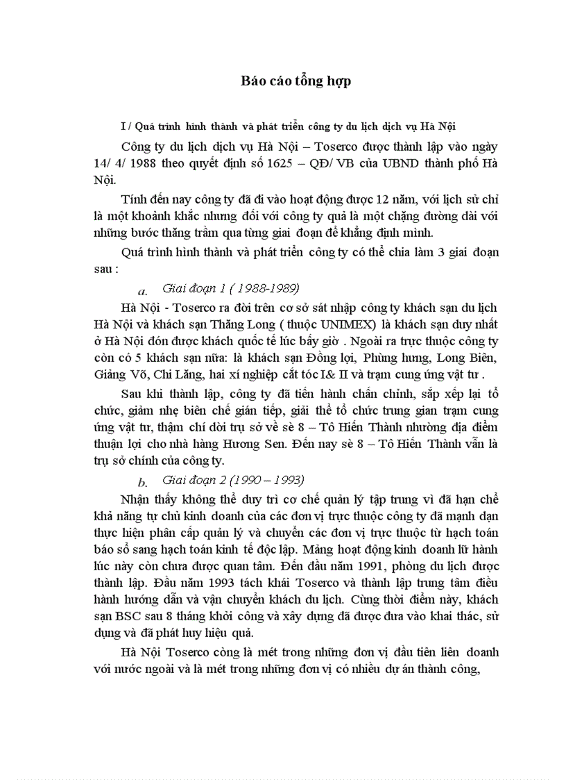 image for page Báo cáo tổng hợp Công ty du lịch dịch vụ Hà Nội – Toserco