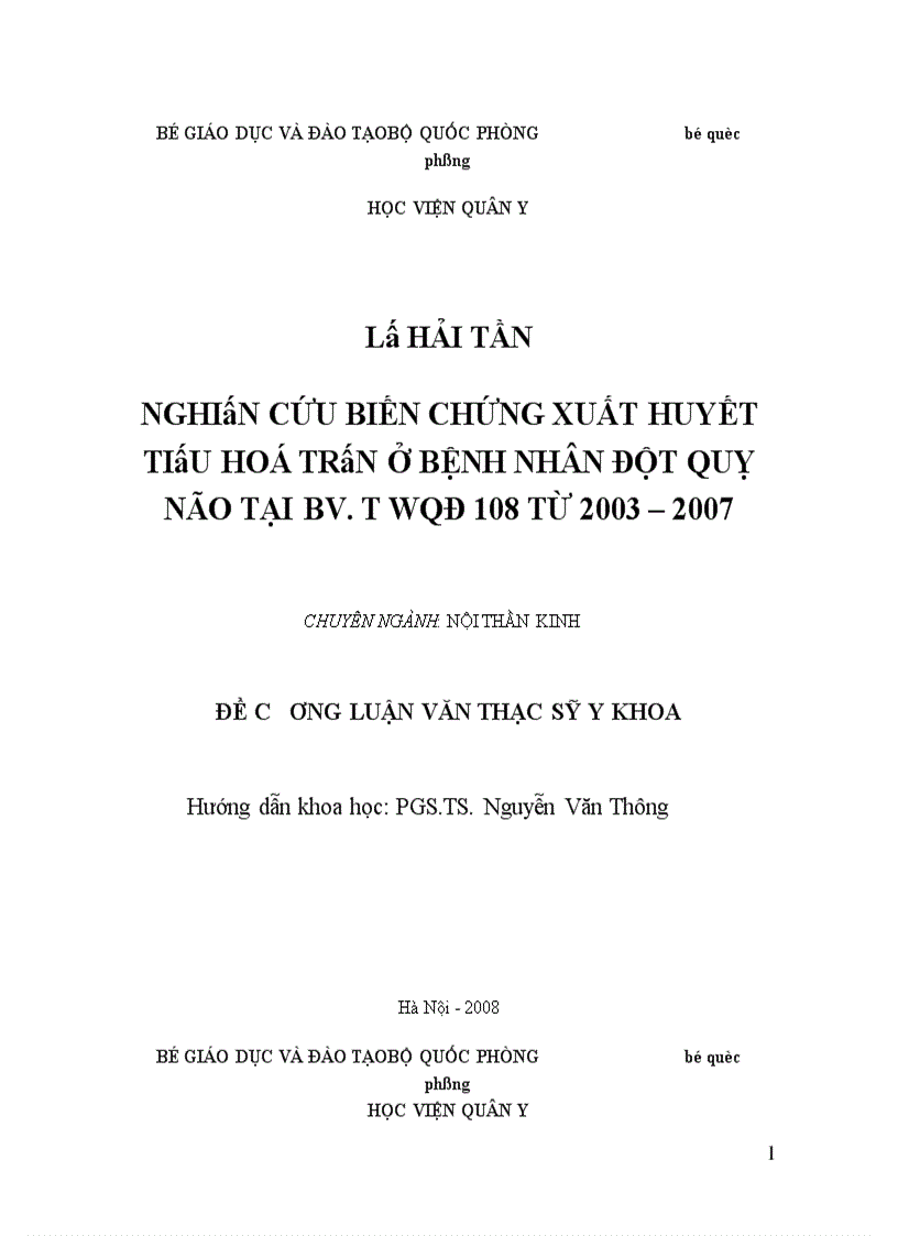 image for page Nghiên cứu biến chứng xuất huyết tiêu hoá trên ở bệnh nhân đột quỵ não tại BV.TWQĐ 108 từ 2003 – 2007