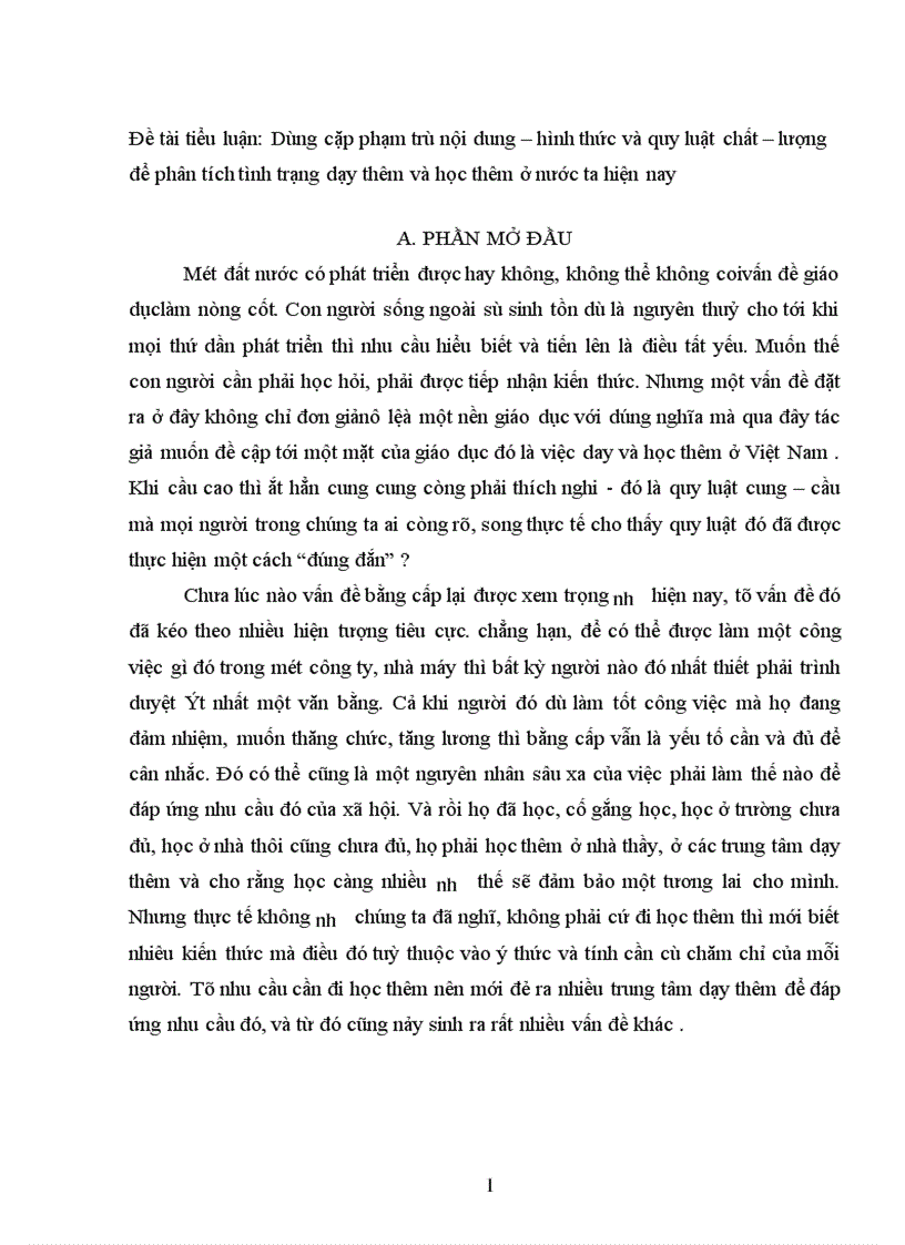 image for page Đề tài tiểu luận: Dùng cặp phạm trù nội dung – hình thức và quy luật chất – lượng để phân tích tình trạng dạy thêm và học thêm ở nước ta hiện nay