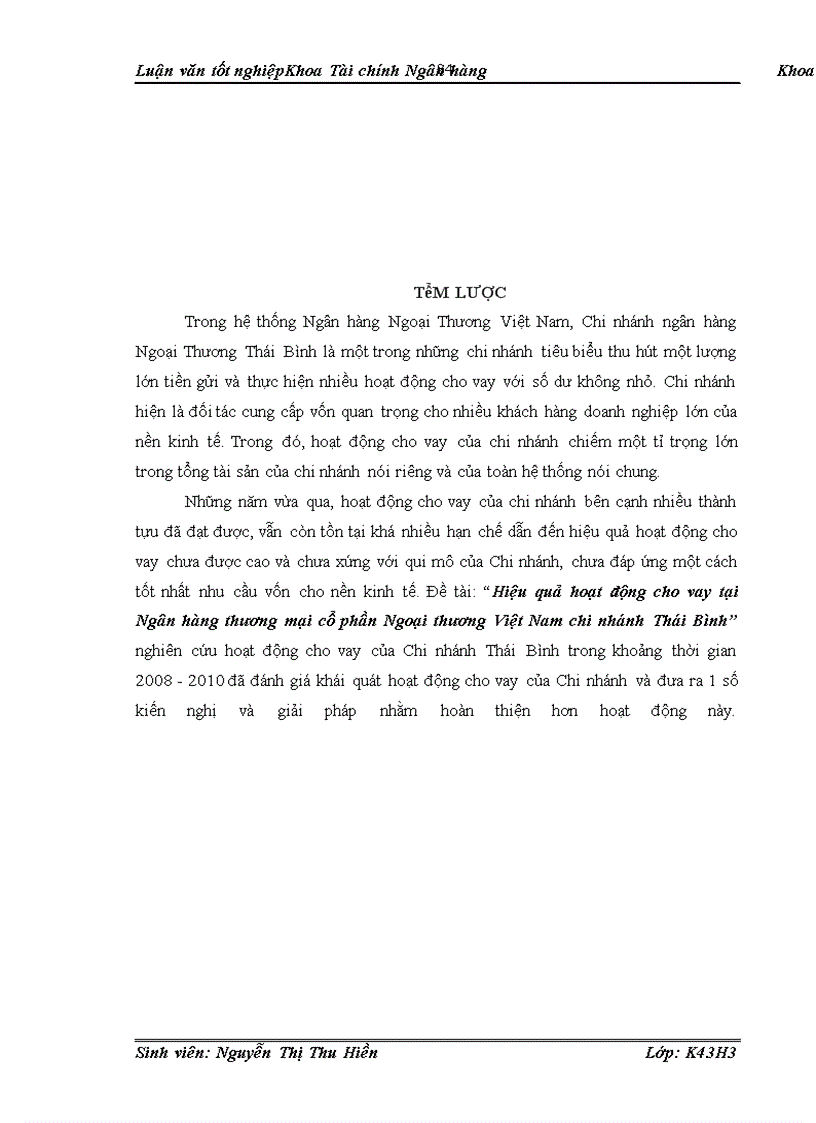 image for page Hiệu quả hoạt động cho vay tại Ngân hàng thương mại cổ phần Ngoại thương Việt Nam chi nhánh TháiBình