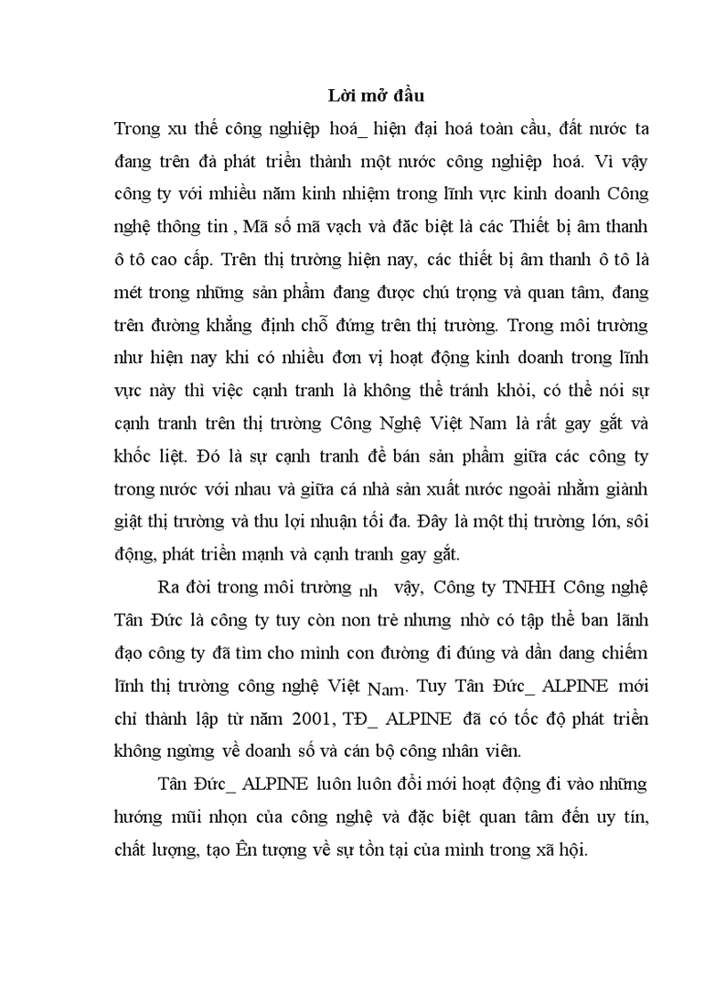 Một số giải pháp đẩy mạnh hoạt động tiêu thụ sản phẩm của công ty TNHH công nghệ Tân Đức_ALPINE.