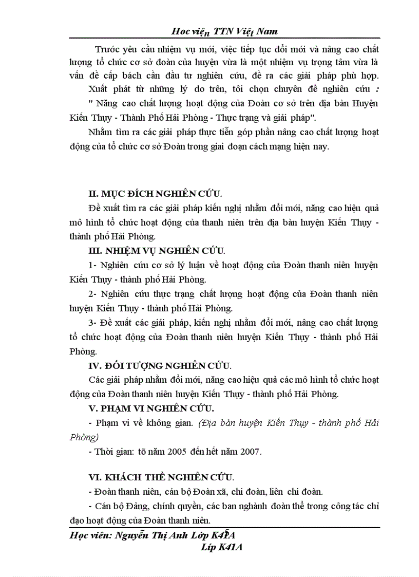 Năng cao chất lượng hoạt động của Đoàn cơ sở trên địa bàn Huyện Kiến Thụy - Thành Phố Hải Phòng - Thực trạng và giải pháp
