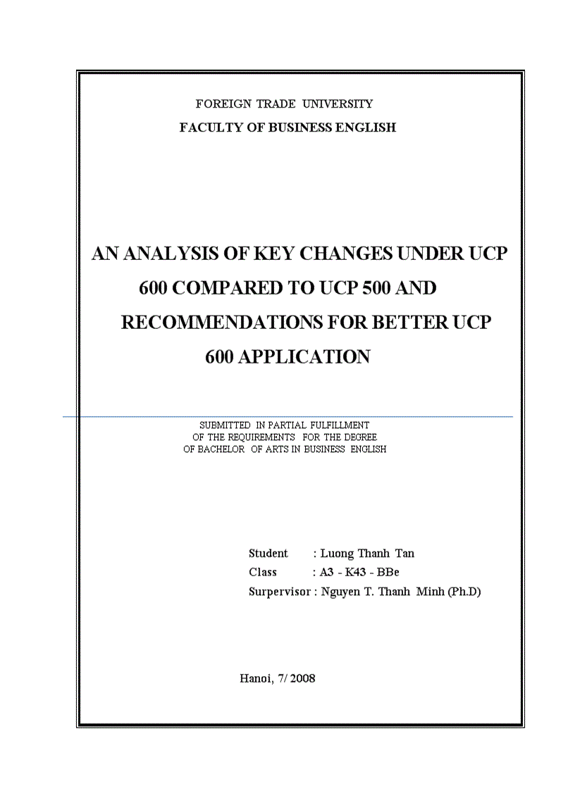 An analysis of key changes in UCP 600 compared to UCP 500 and Recommendations for better application