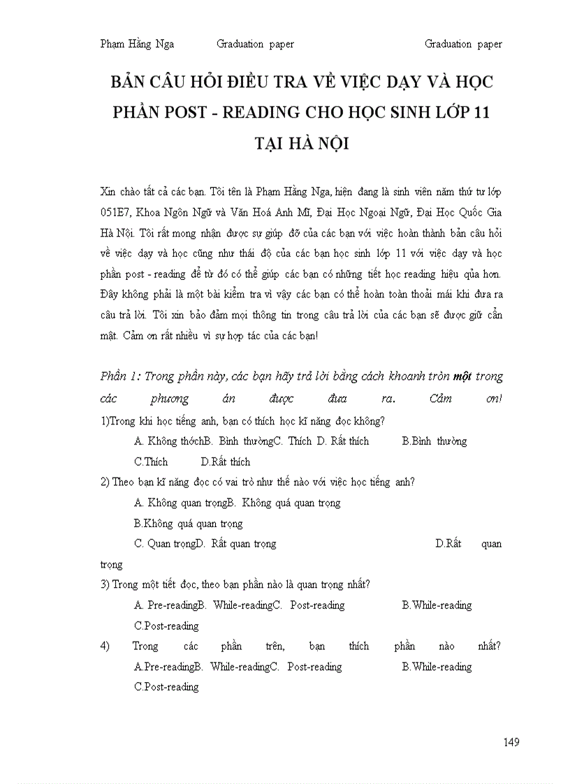 image for page Conducting effective post- reading stage to eleventh form students at high schools in Hanoi