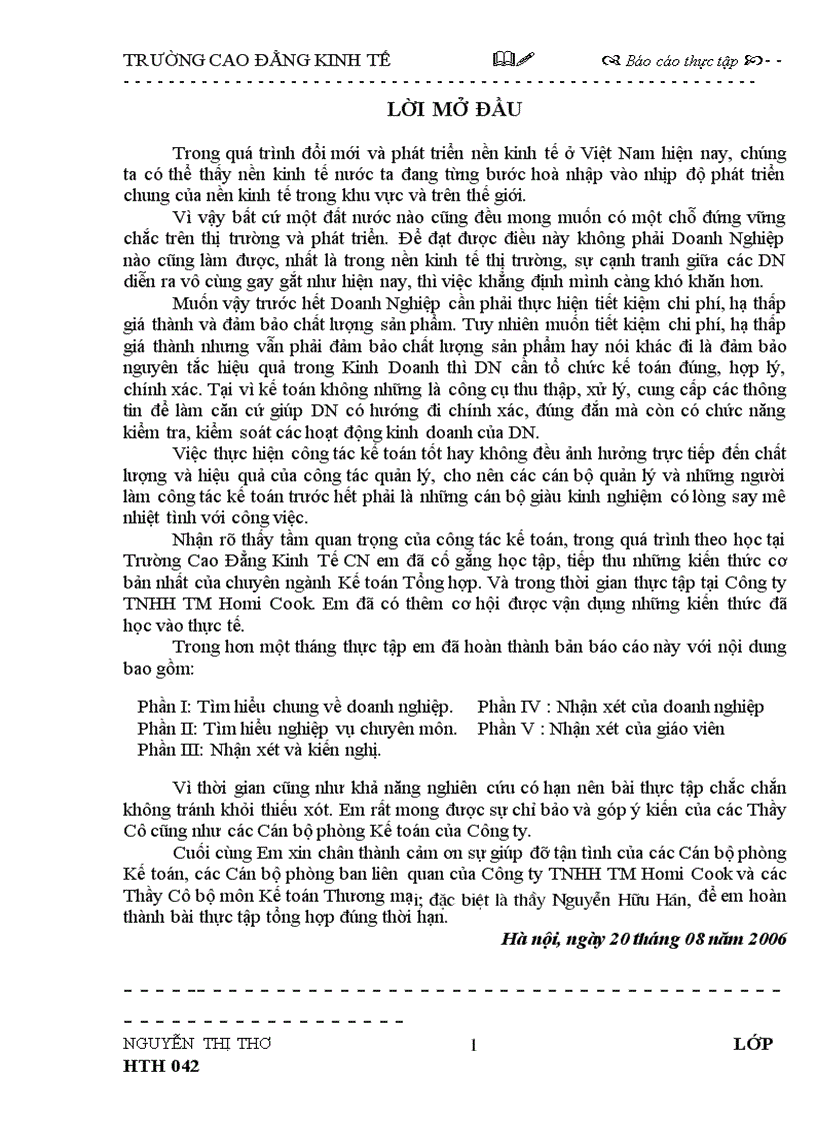 image for page Báo cáo thực tập tại Công ty TNHH TM Homi Cook