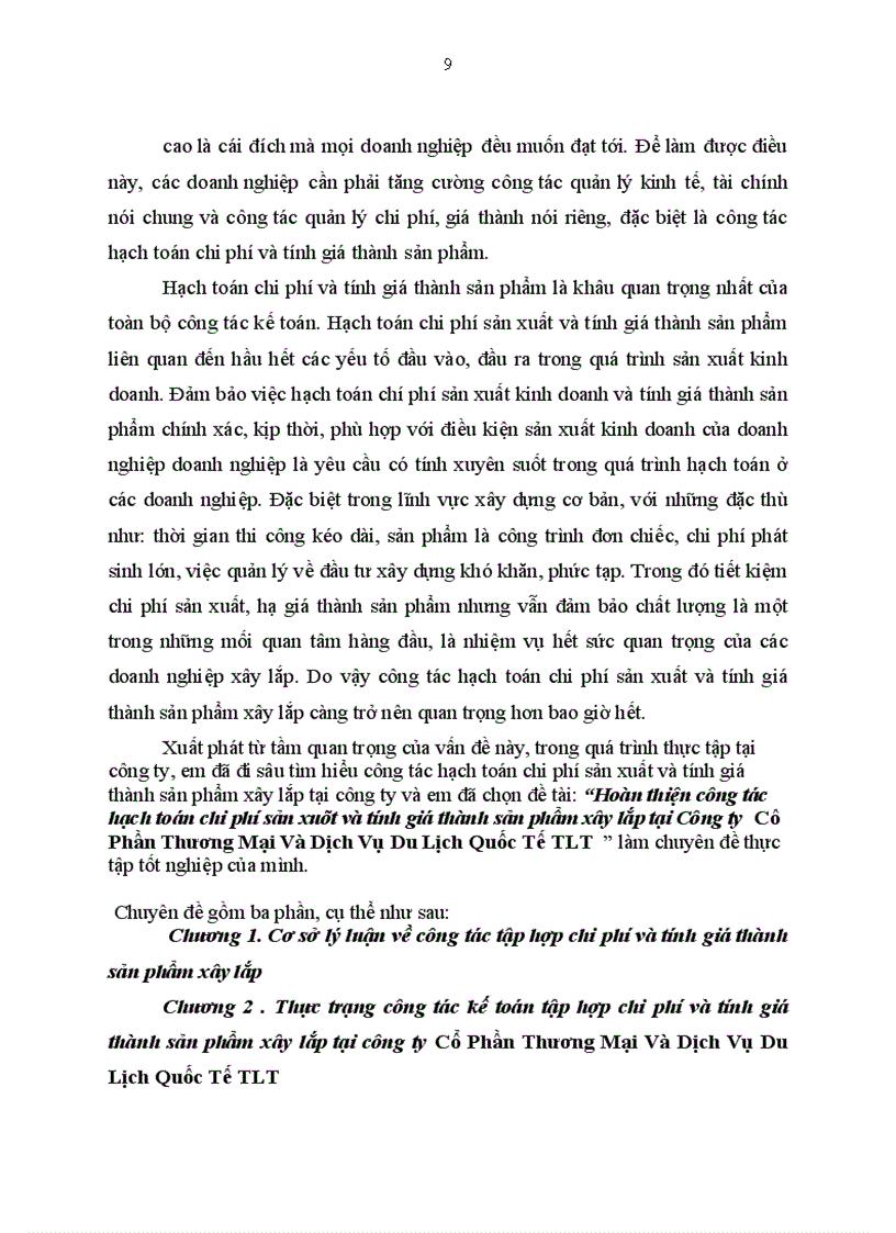 image for page Hoàn thiện công tác hạch toán kế toán CPSX và tính giá thành sản phẩm xây lắp tại Công ty Cổ phần thương mại và dịch vụ du lịch quốc tế TLT
