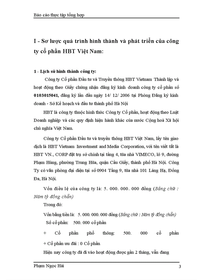 Báo cáo thực tập tổng hợp tại Công ty cổ phần đầu tư và truyền thông HBT