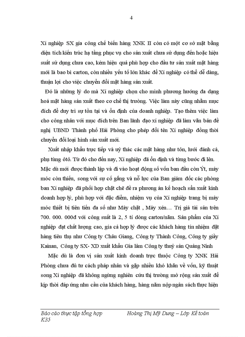 Báo cáo thực tập tổng hợp tại đơn vị Xí nghiệp sản xuất gia công chế biến hàng XNK II