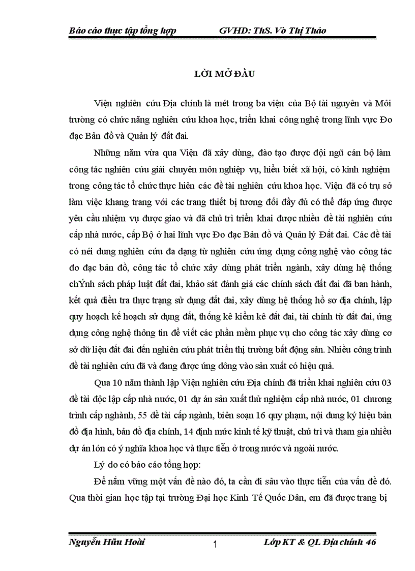 image for page Báo cáo tổng hợp tại Viện nghiên cứu Địa chính và Phòng Khoa học Công nghệ.