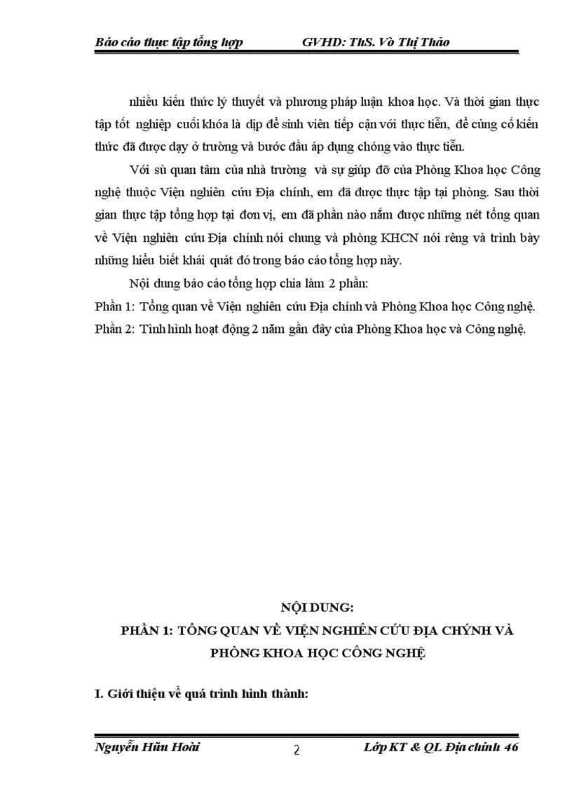 image for page Báo cáo tổng hợp tại Viện nghiên cứu Địa chính và Phòng Khoa học Công nghệ.