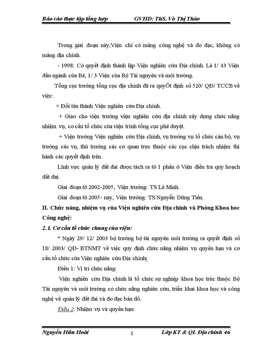 image for page Báo cáo tổng hợp tại Viện nghiên cứu Địa chính và Phòng Khoa học Công nghệ.