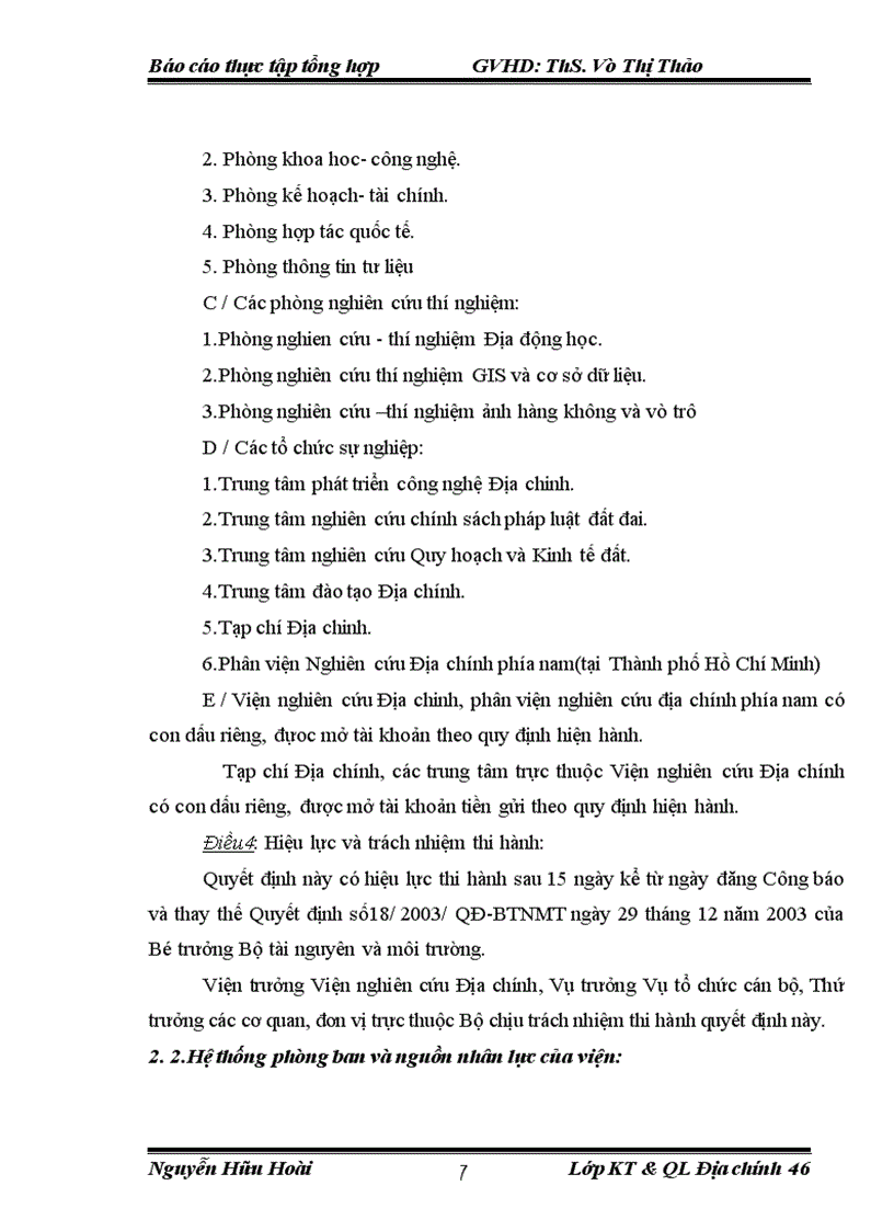 image for page Báo cáo tổng hợp tại Viện nghiên cứu Địa chính và Phòng Khoa học Công nghệ.