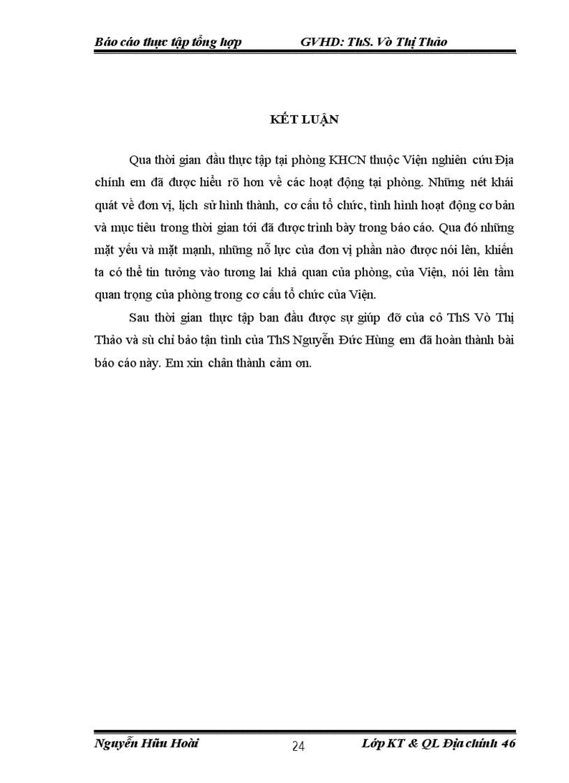 image for page Báo cáo tổng hợp tại Viện nghiên cứu Địa chính và Phòng Khoa học Công nghệ.