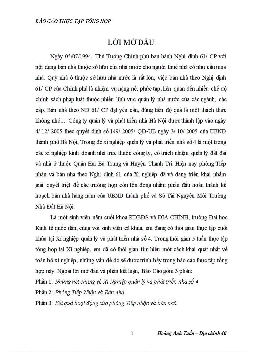 Báo cáo tổng hợp về Xí Nghiệp quản lý và phát triển nhà số 4