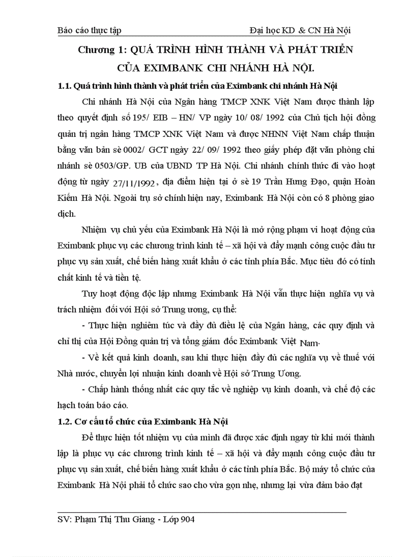 Báo cáo thực tập tại chi nhánh ngân hàng Eximbank Hà Nội.