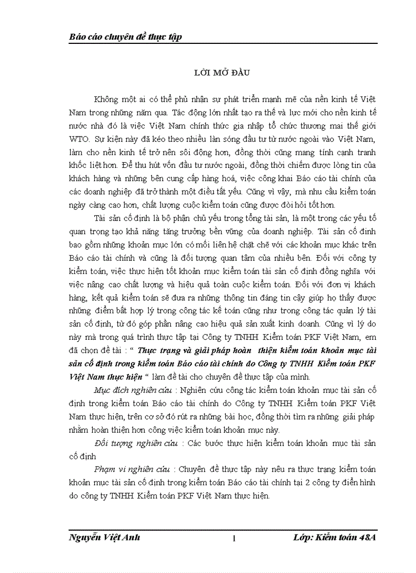 Hoàn thiện kiểm toán khoản mục tài sản cố định hữu hình trong quy trình kiểm toán báo cáo tài chính do công ty tnhh kiểm toán pkf việt nam thực hiện Hà nội – 2010