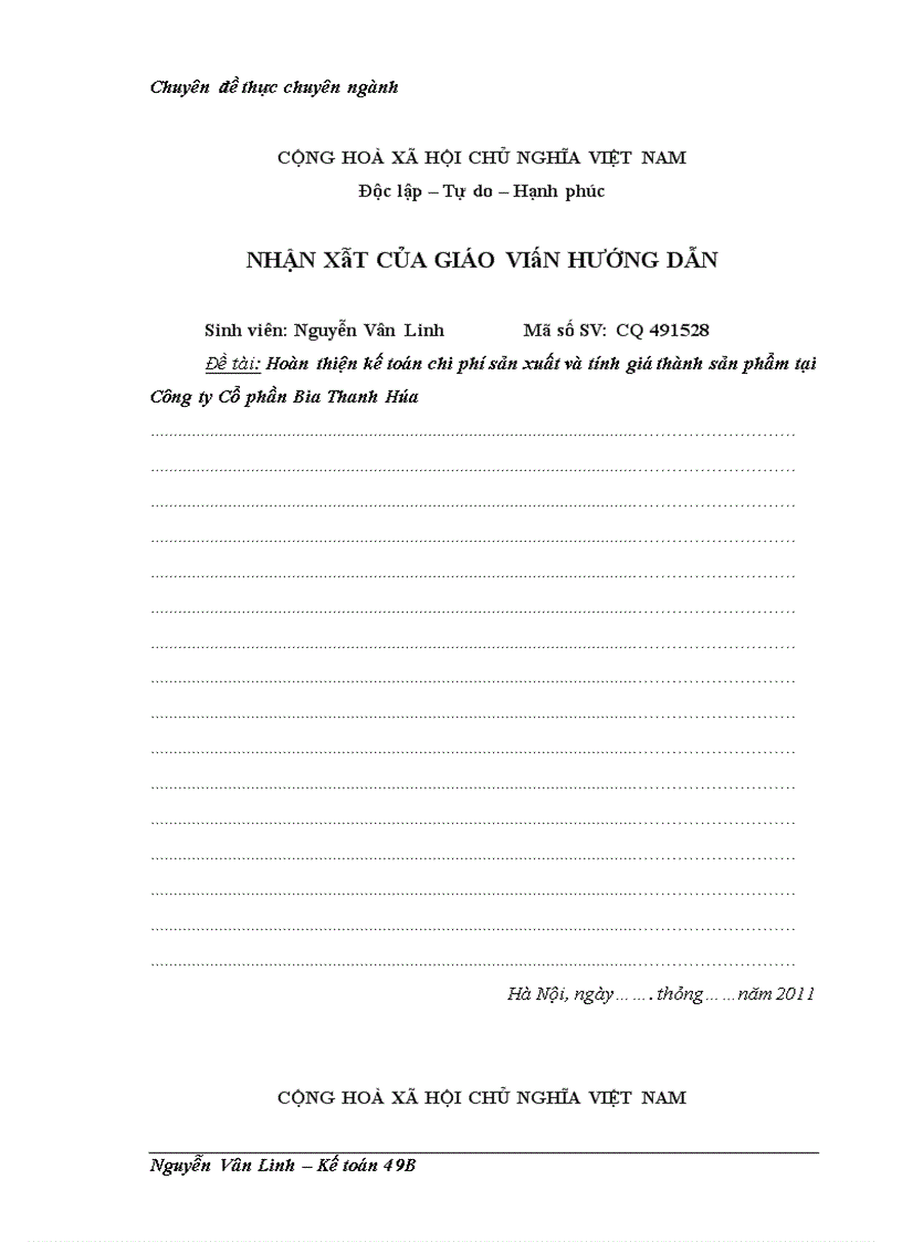 image for page Hoàn thiện kế toán chi phí sản xuất và tính giá thành sản phẩm tại Công ty Cổ phần Bia Thanh Hóa