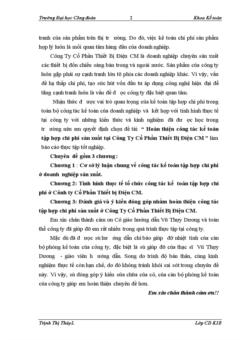 Hoàn thiện công tác kế toán tập hợp chi phí sản xuất tại Công Ty Cổ Phần Thiết Bị Điện CM