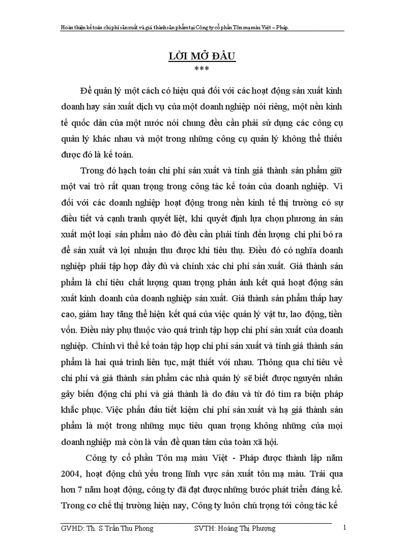 image for page Hoàn thiện kế toán chi phí sản xuất và tính giá thành sản phẩm tại Công ty cổ phần Tôn mạ màu Việt Pháp