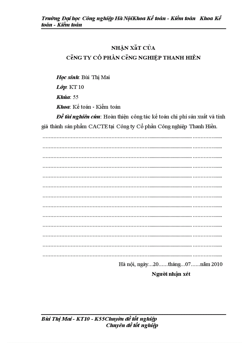 image for page Hoàn thiện phương pháp kế toán chi phí sản xuất và tính giá thành tại Công ty Cổ phần công nghiệp Thanh Hiền