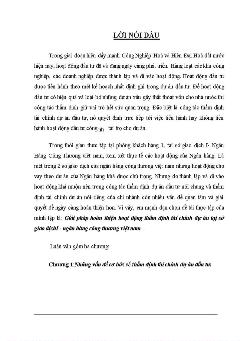 Giải pháp hoàn thiện hoạt động thẩm định tài chính dự án tạị sở giao dịchI-ngân hàng công thương việt nam .