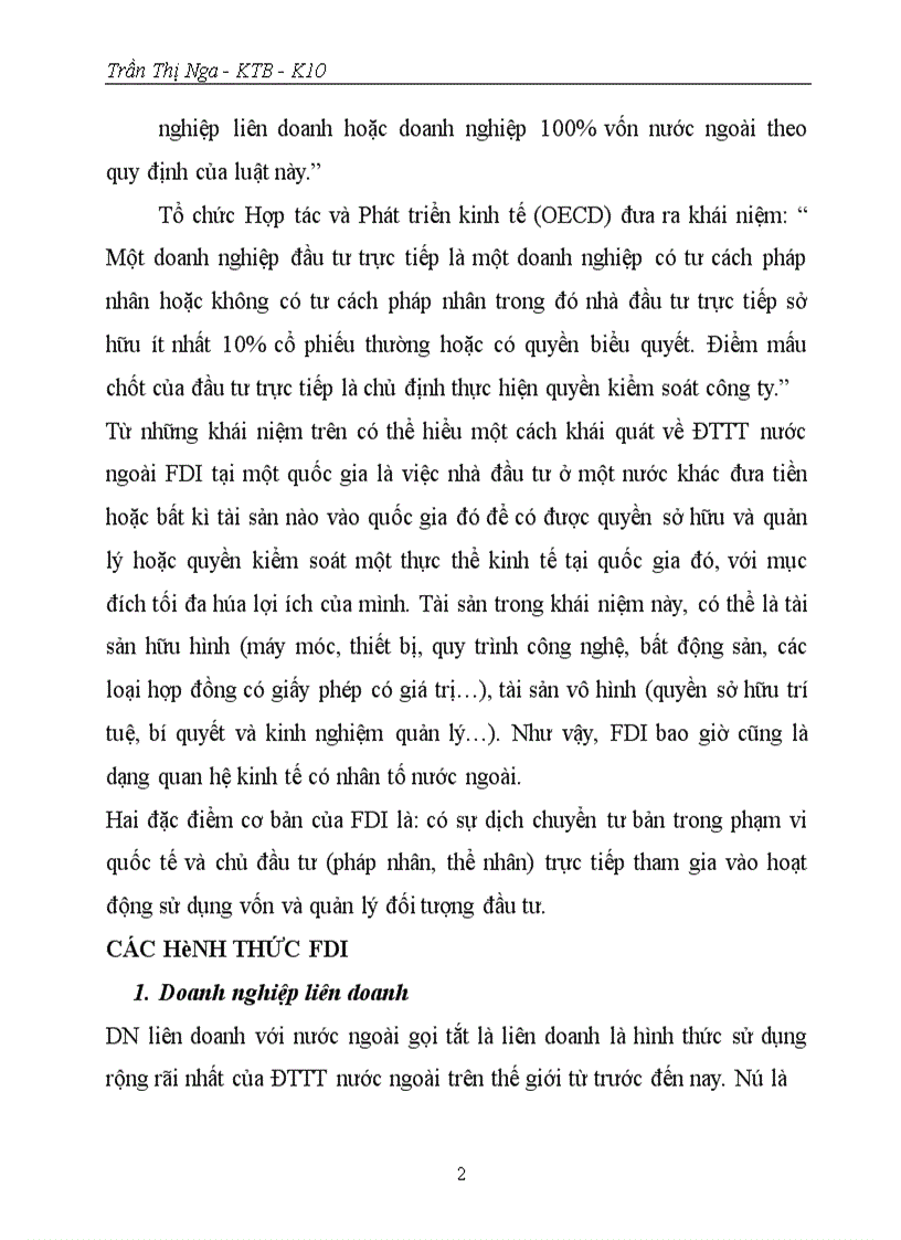 Hình thức FDI và vai trò của nó đối với sự phát triển kinh tế ở việt nam