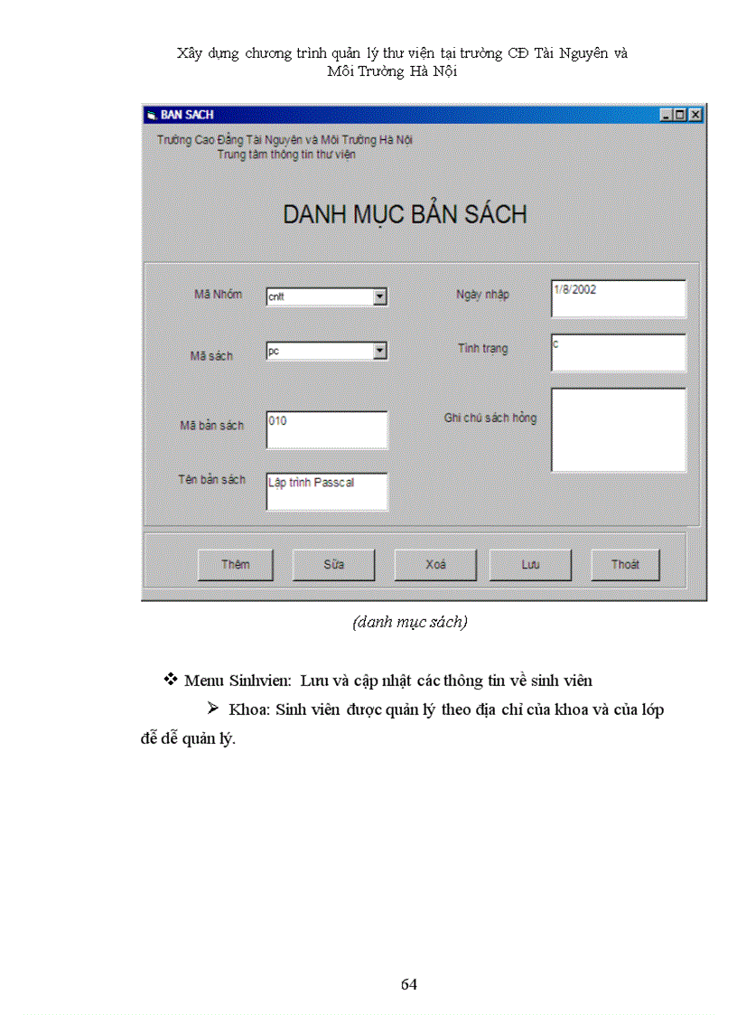 image for page Xây dựng chương trình quản lý thư viện cho trường CĐ Tài Nguyên và Môi Trường Hà Nội