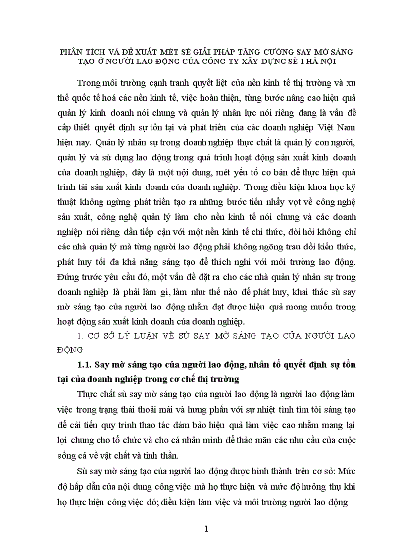 Phân tích và đề xuất một số giải pháp tăng cường say mê sáng tạo ở người lao động của công ty xây dựng số 1 hà nội