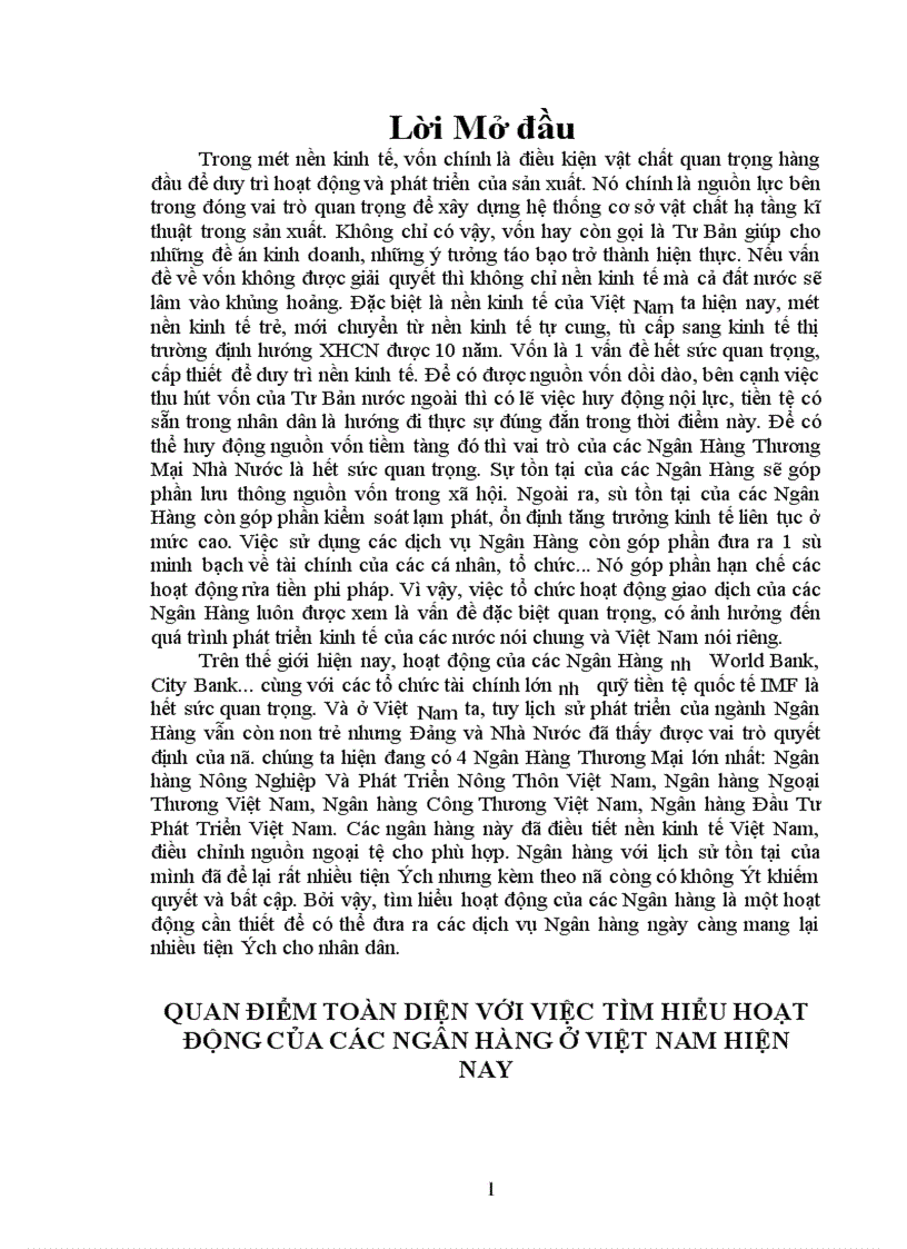 Quan điểm toàn diện với việc tìm hiểu hoạt động của các ngân hàng ở việt nam hiện nay