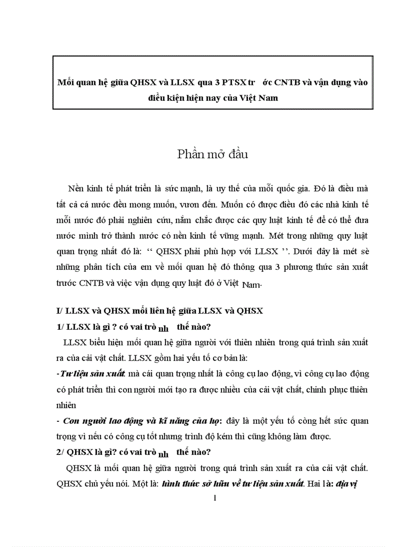 Mối quan hệ giữa QHSX và LLSX qua 3 PTSX trước CNTB và vận dụng vào điều kiện hiện nay của Việt Nam