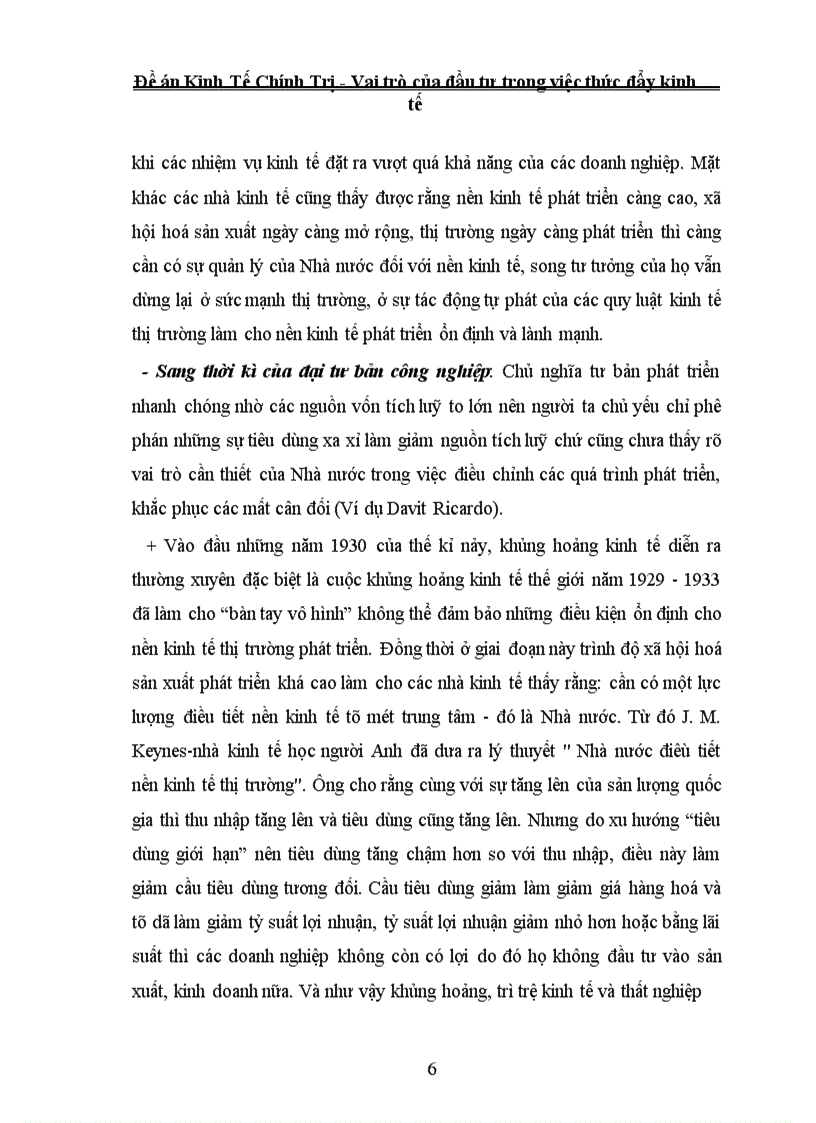 Đề án Kinh Tế Chính Trị - Vai trò của đầu tư trong việc thức đẩy kinh tế