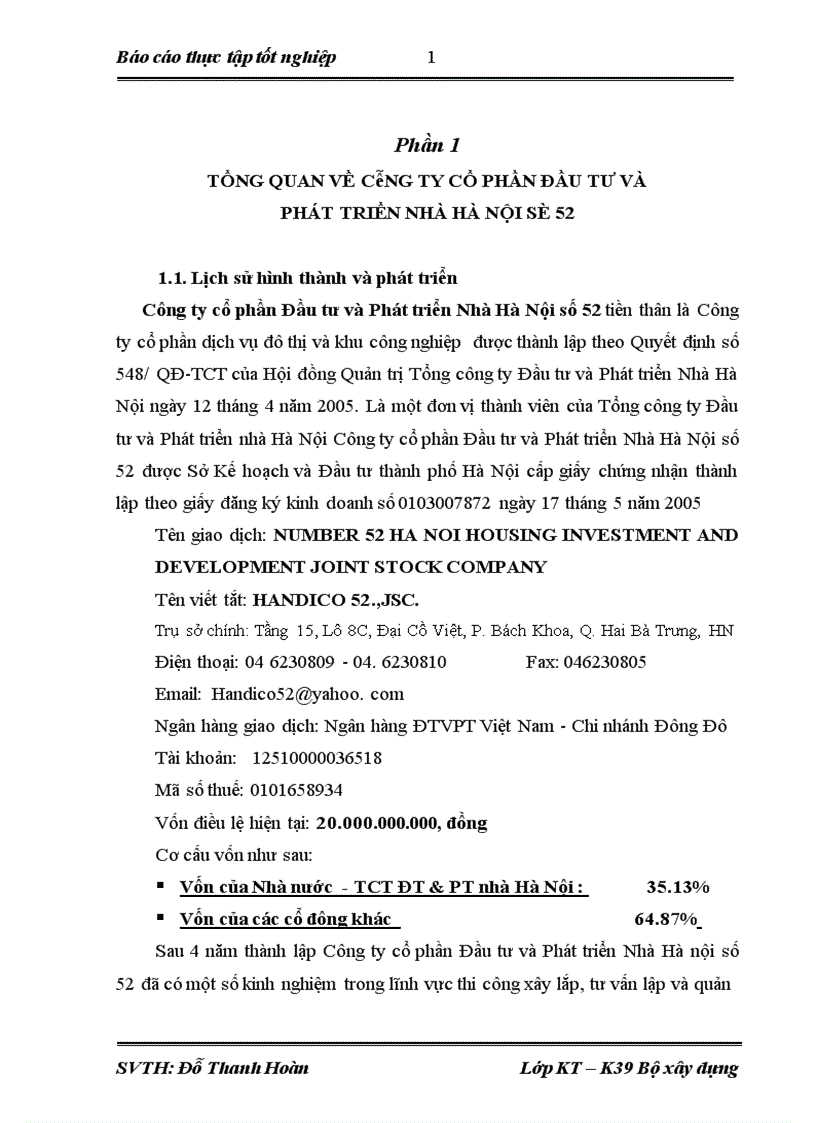 Báo cáo thực tập tốt nghiệp tại công ty Cổ phần đầu tư và phát triển nhà Hà Nội số 52