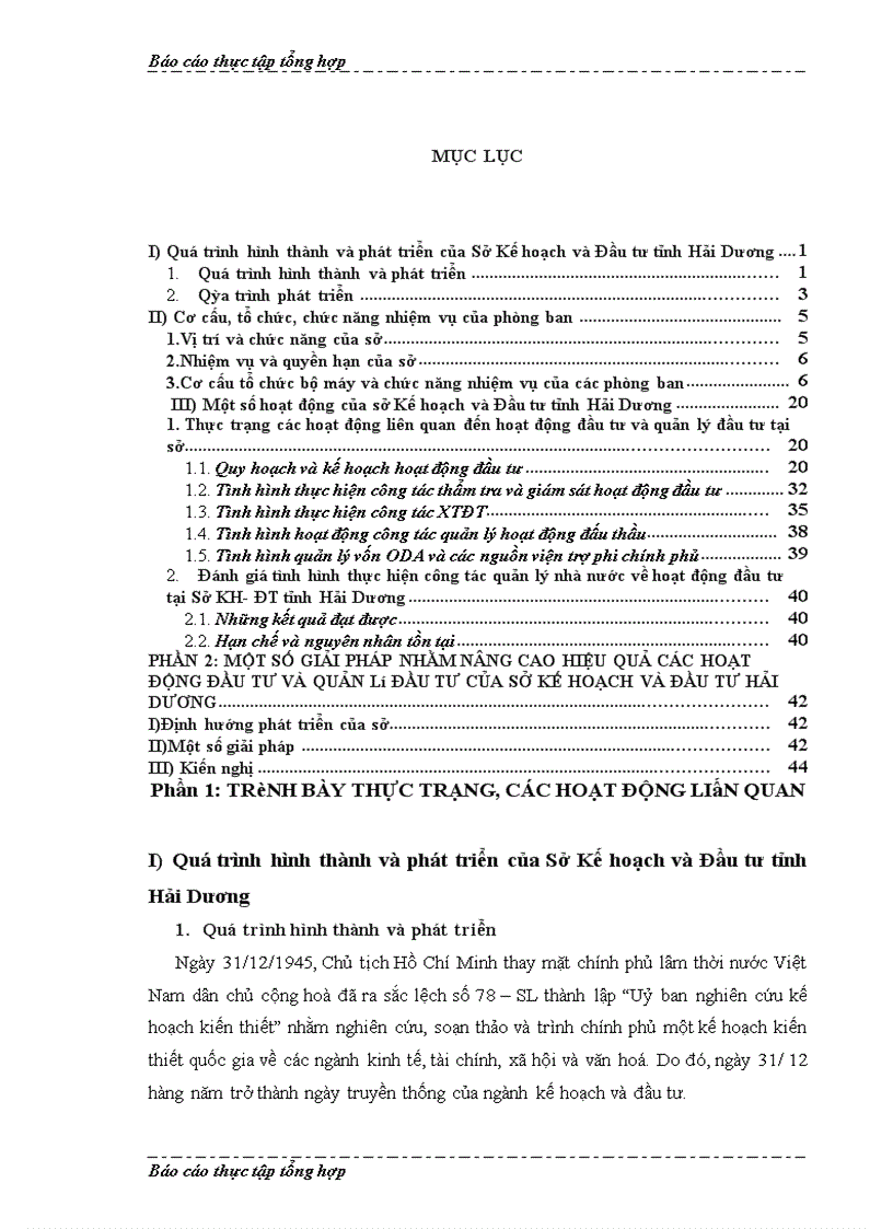 Báo cáo thực tập tổng hợp Sở Kế hoạch và Đầu tư tỉnh Hải Dương