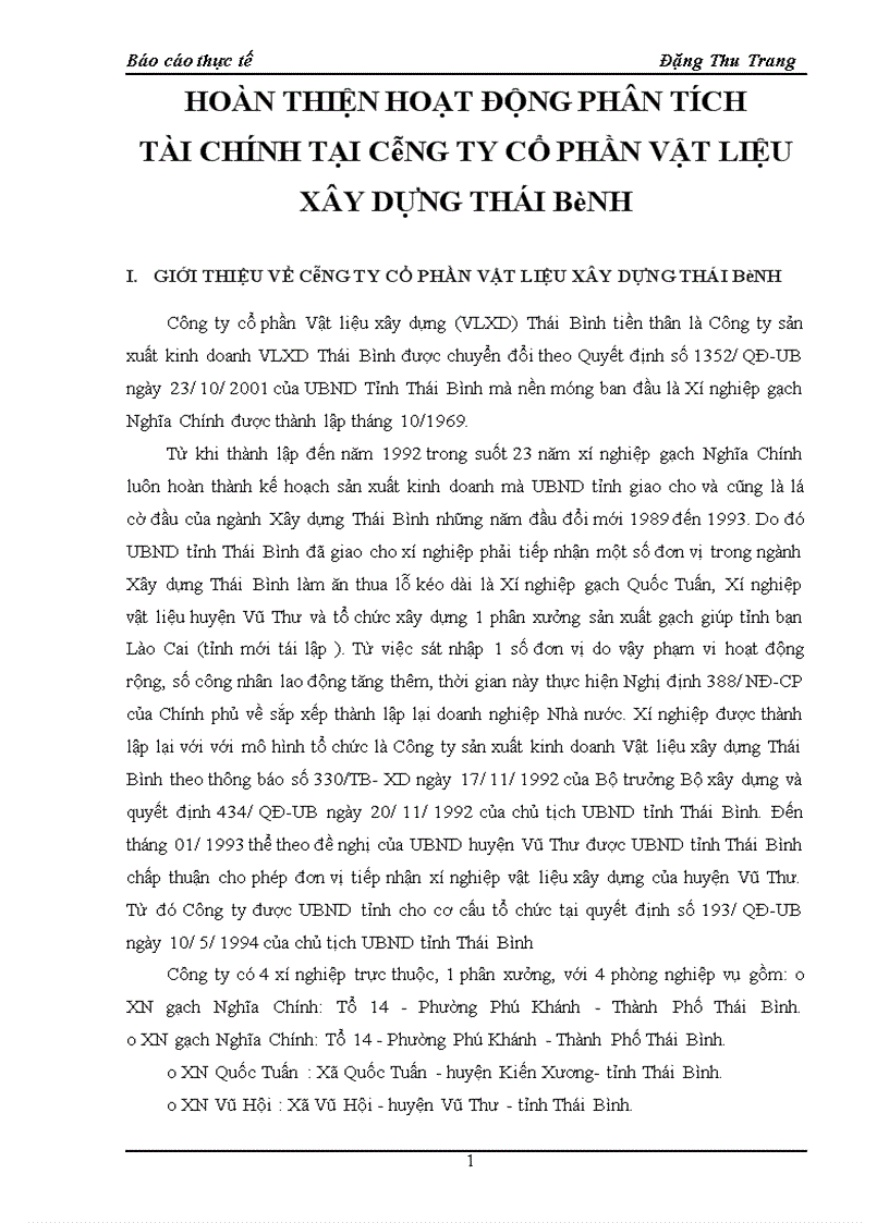 Báo cáo thực tập tại Công ty cổ phần Vật liệu xây dựng (VLXD) Thái Bình