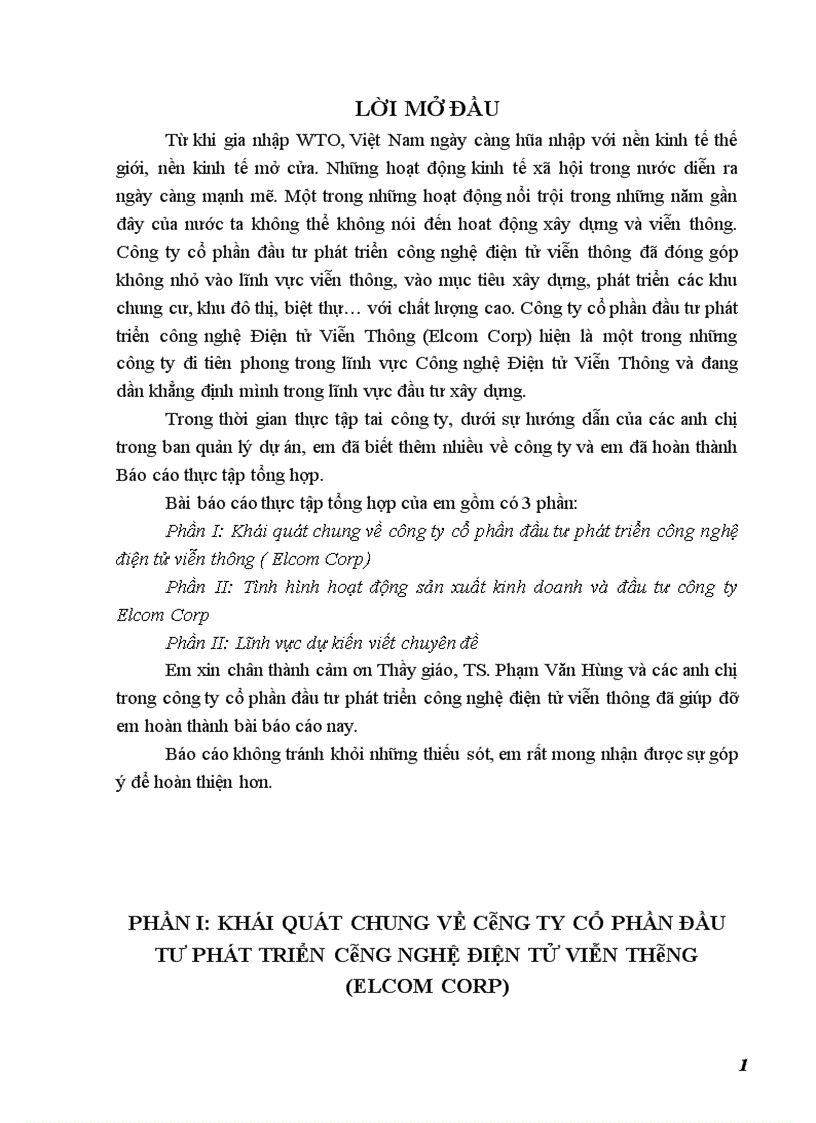 Báo cáo thực tập tại công ty cổ phần đầu tư phát triển công nghệ điện tử viễn thông ( Elcom Corp)