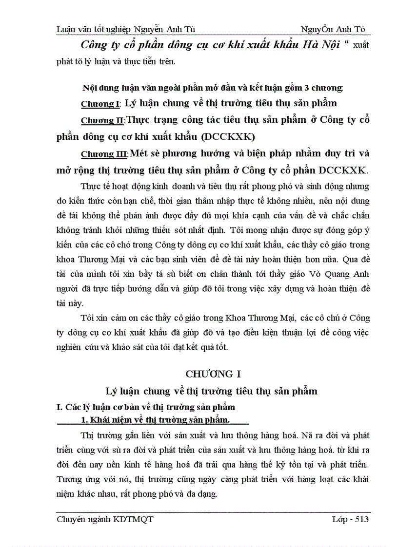 Một số phương hướng và biện pháp nhằm duy trì và mở rộng thị trường tiêu thụ sản phẩm ở Công ty cổ phần dụng cụ cơ khí xuất khẩu Hà Nội